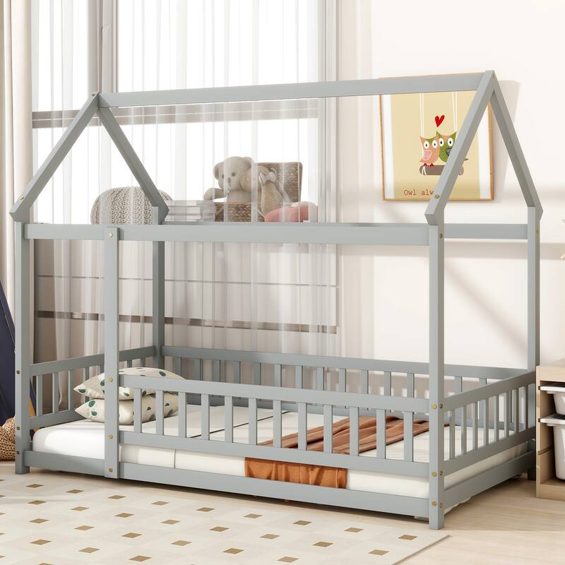 Twin Floor Bed with House Roof Frame, Safety Guardrails, and Fence Design