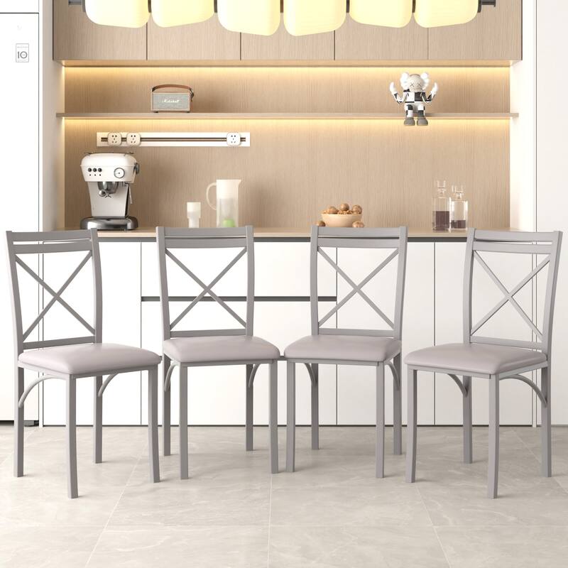VECELO Metal Dining Chairs Set of 4 PU Leather Dining Chairs Set with X-Shaped Backrest for Kitchen & Dining Room Chairs - Grey