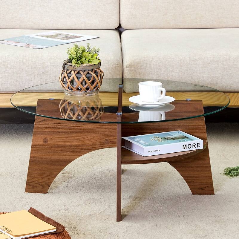 GDFStudio Marcellus Tempered Glass Coffee Table with Wood Legs and Fan-Shaped Pedestal Design