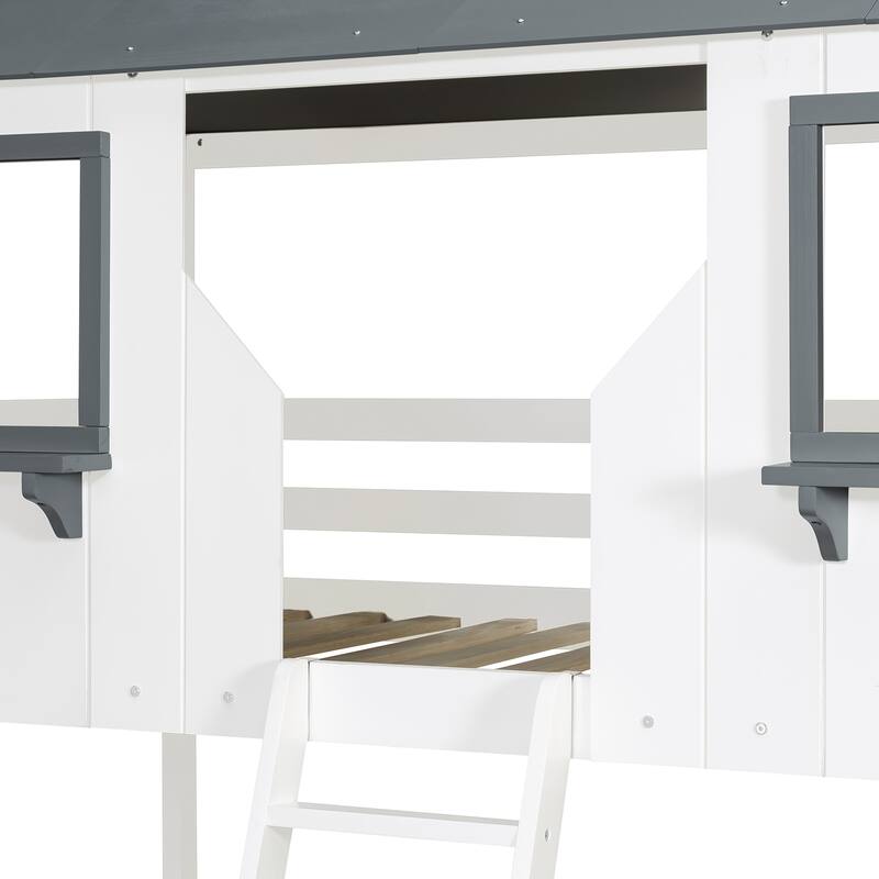 Roomfitters Twin Over Twin House Bunk Bed with Roof and Window, White