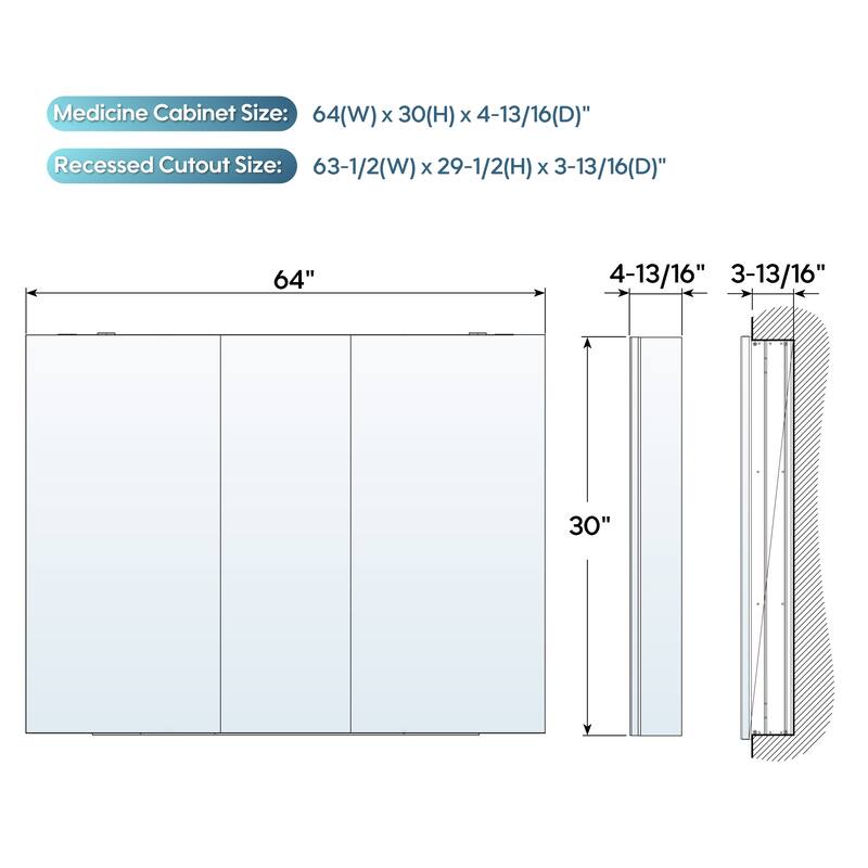 56''/64''W X 30''H Recessed Or Surface Wall Mount Bathroom Medicine Cabinet With Adjustable Glass Shelves
