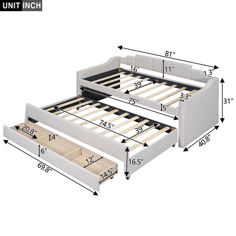 Twin Size Upholstered Daybed with Trundle and Three Drawers in Beige