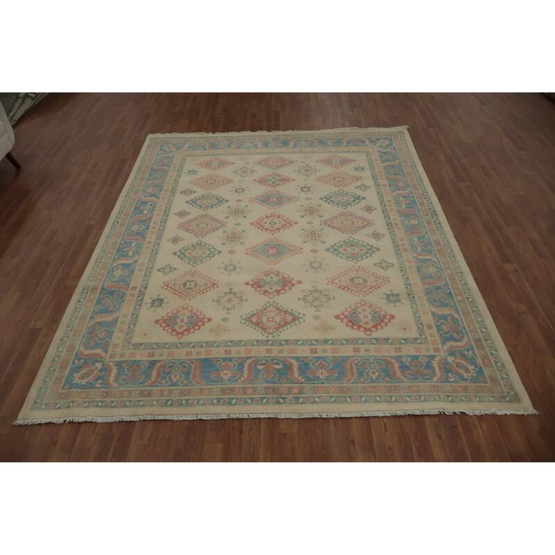 Hand Knotted Oriental 100% Wool Carpet Traditional Geometric Beige & Ivories Kazak Area Rug - 9' 10'' X 8' 0''