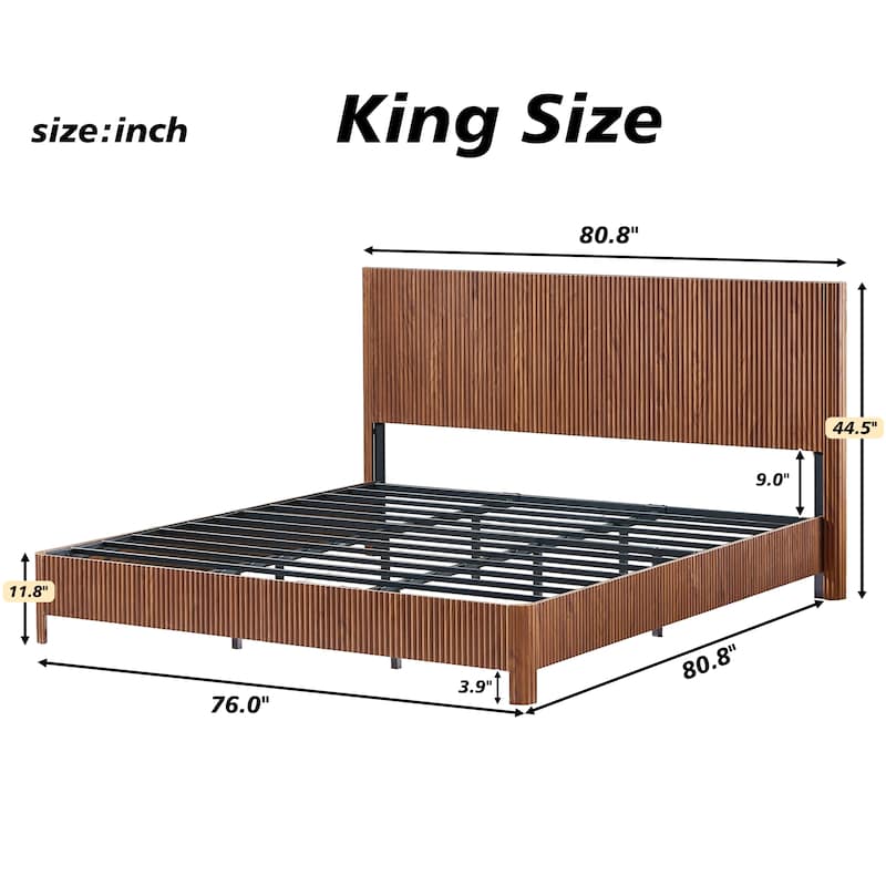 Low Profile Platform Bed, Wooden Corrugated Curved Lines Headboard Wingback Bed, Metal Slat Support Bed Frame
