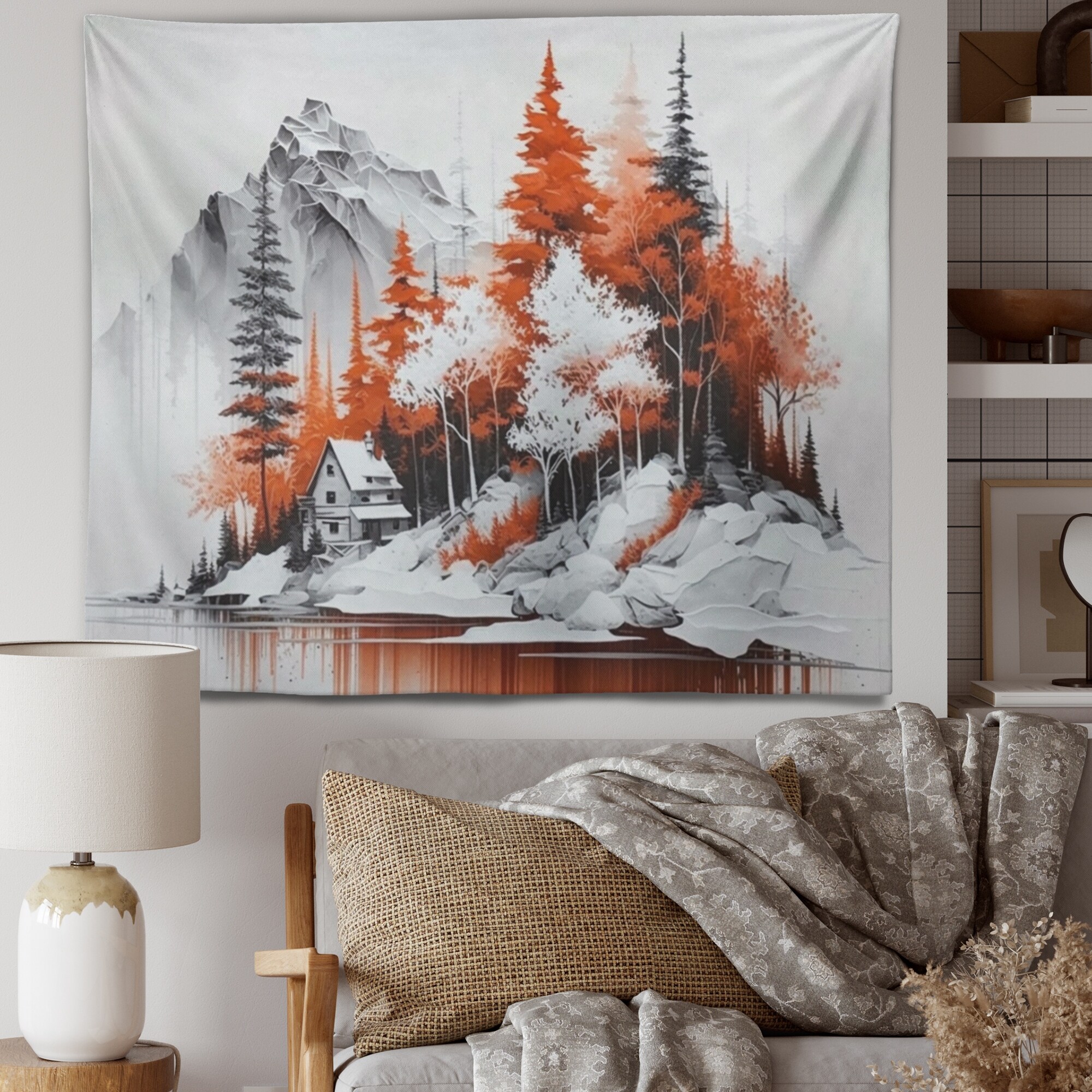Designart Monochrome Orange Cottage In Winter XI Cottage Landscape Wall Tapestry Bed Bath Beyond 37871008