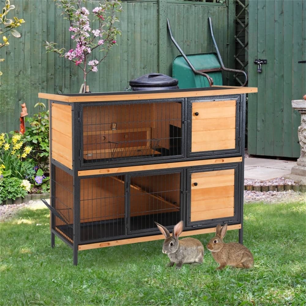 2-Level Bunny Hutch with Weather-Resistant Roof and Spacious Run Area and Removable Trays - 48" L x 19.75" W x 39.75" H