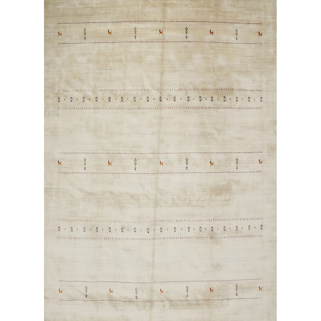 Hand Knotted Oriental 100% Wool Carpet Tribal Animal Pictorial Beige & Ivories Gabbeh Area Rug - 9' 11'' X 9' 10''