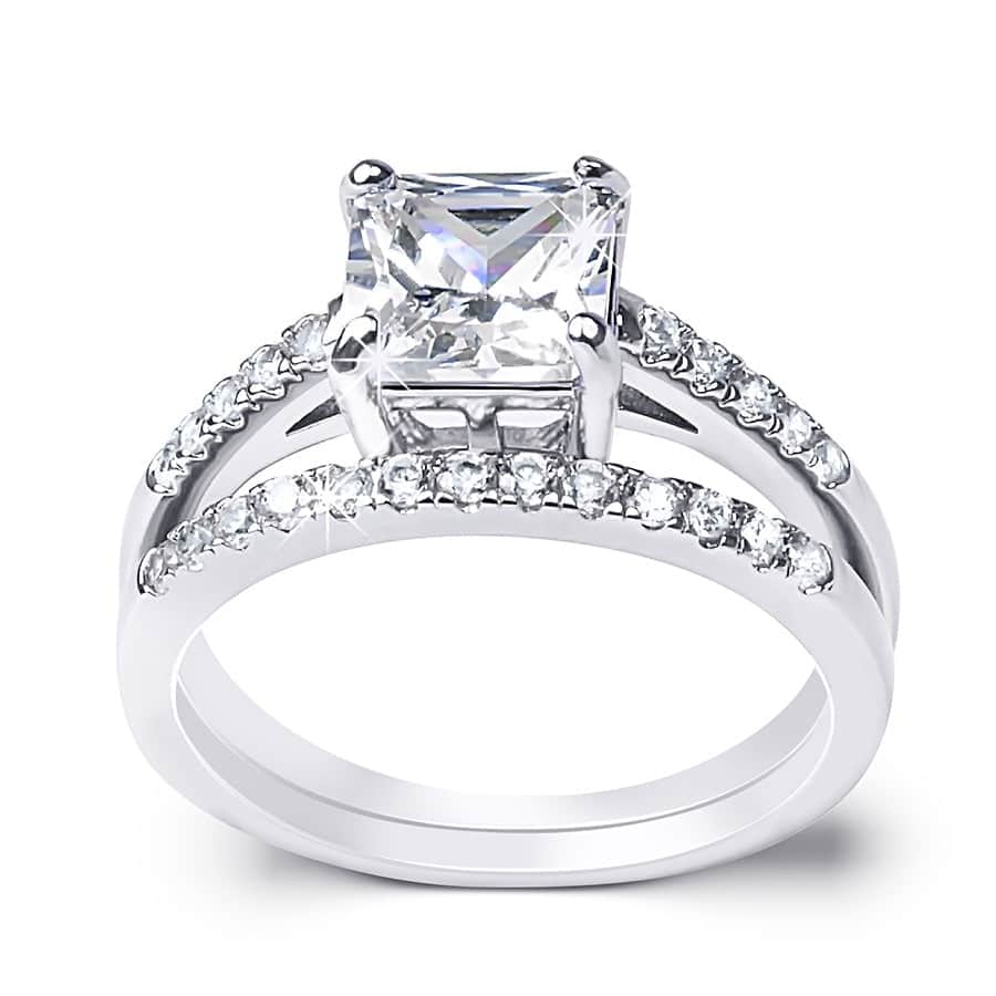 MayaMila Sterling Silver CZ Princess Cut Bridal Engagement Ring Set 1.75 CTW