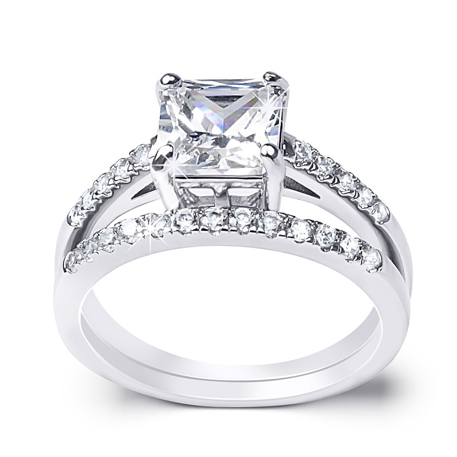 MayaMila Sterling Silver CZ Princess Cut Bridal Engagement Ring Set 1.75 CTW