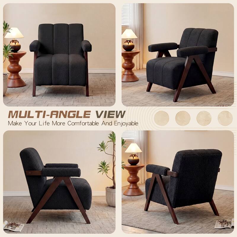 Mid Century Modern Accent Chair, Solid Wood Upholstered Armchair with Wide Backrest and Thick Cushion