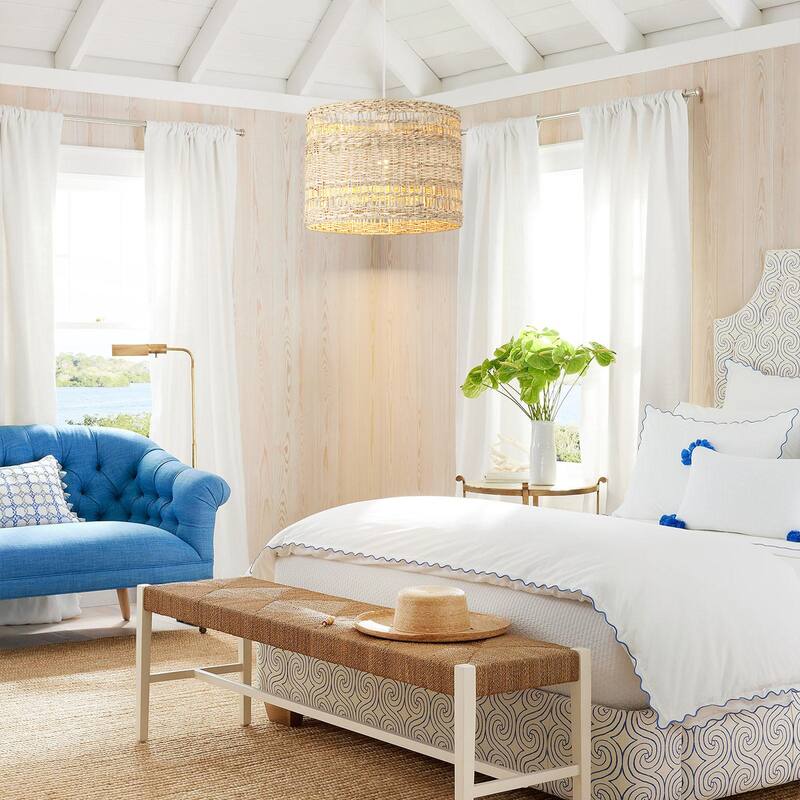 1-Light Boho Coastal Cylindrical Drum Woven Pendant Light with Matte White Finish and Herbaceous Rattan Shade