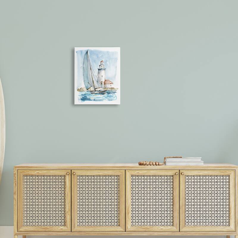 Stupell Lighthouse Tower Beacon Sea Sail Boat Nautical Outdoors Canvas Wall Art - Blue