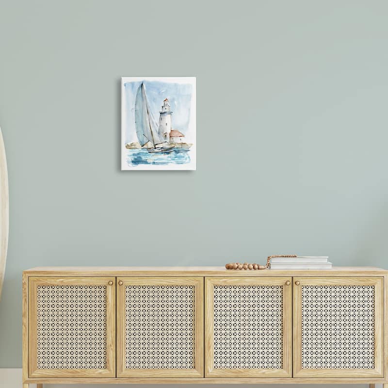 Stupell Lighthouse Tower Beacon Sea Sail Boat Nautical Outdoors Canvas Wall Art - Blue