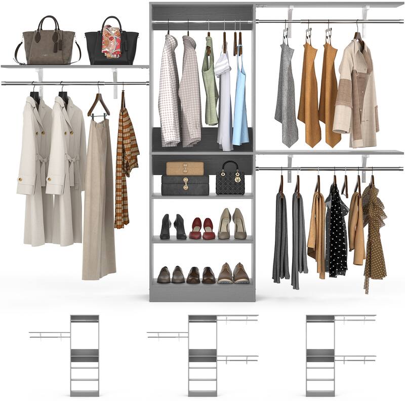 Rackcog 20-96'' W Closet System Starter Kit, Sturdy DIY Closet Organizer with 3 Winged Storage Shelves