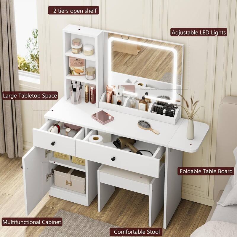 Vanity Desk with Mirror, Charging Station, Drawers, Shelves, Cabinet, Stool