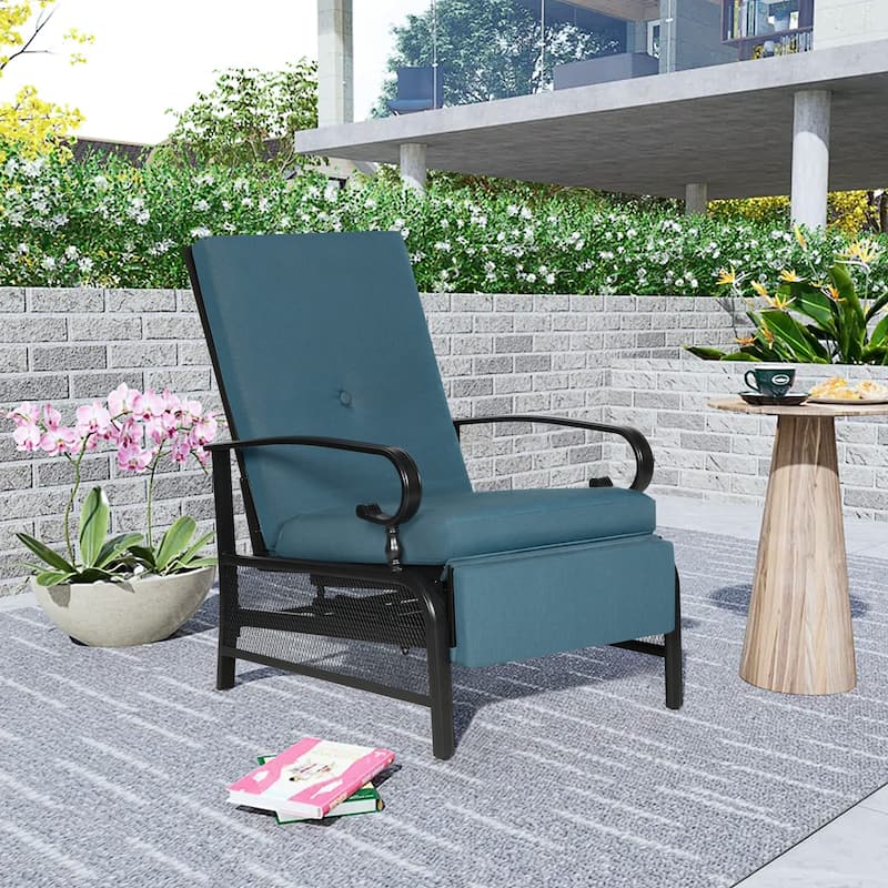 Outdoor Metal Patio Adjustable Recliner Lounge Chair & Bistro Table Set, Retractable Steel Frame and Removable Thick Cushion