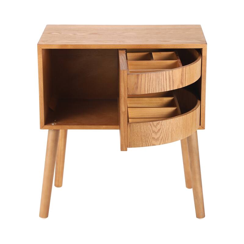 Rotating Hidden Compartment Nightstand for Bedroom, Mid Century Modern Rattan Bedside Table End Table with Wood Legs