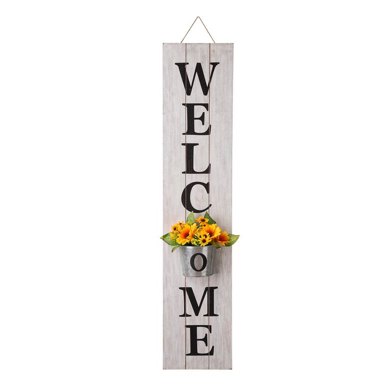 Glitzhome 42-inch Wooden Welcome Porch Sign Wall Decor with Metal Planter