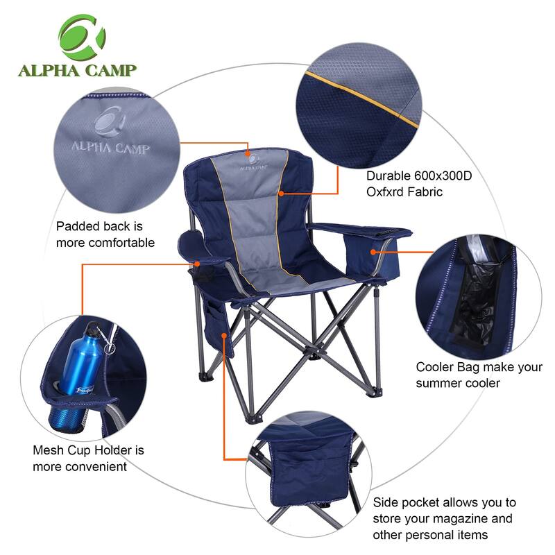 Oversized Camping Folding Chair Heavy Duty Support 450 LBS Steel Frame Collapsible Padded Arm Chair with Cup Holder