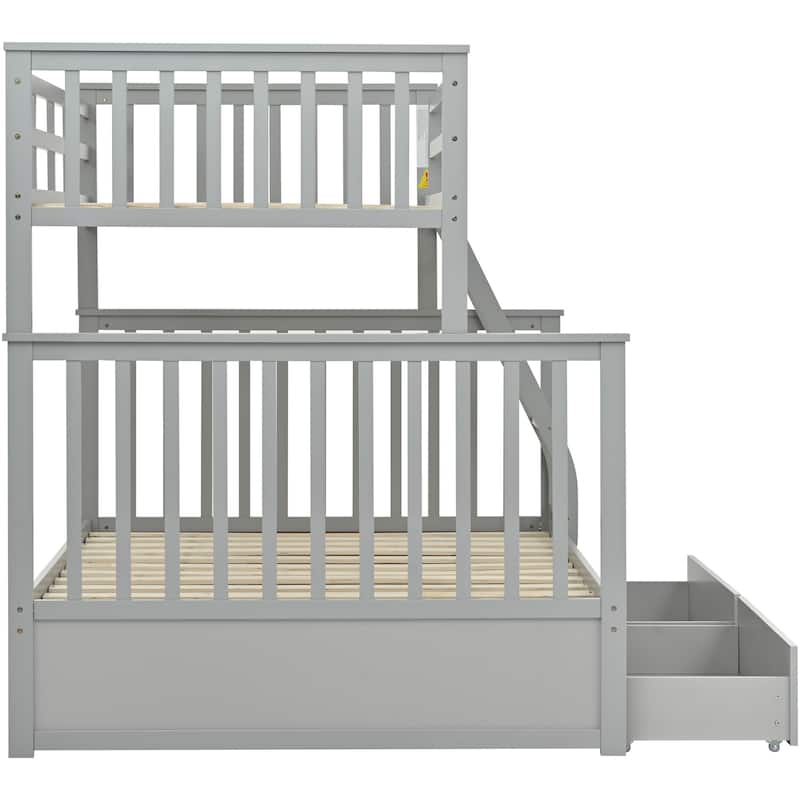 Twin Over Full Bunk Bed with Storage Drawers, Wooden Bunk Bed with Ladder and Safety Guard Rails