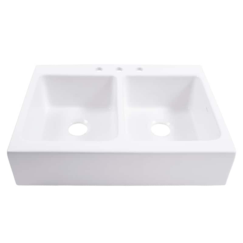 Parker Crisp White Fireclay 34" Double Bowl Quick-Fit Farmhouse Apron Front Drop-in Kitchen Sink and Drains