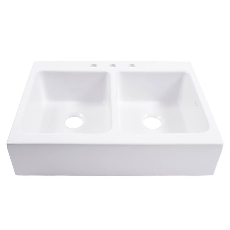 Parker Crisp White Fireclay 34" Quick-Fit Farmhouse Apron Front Drop-In Double Bowl Kitchen Sink (3 Hole) with Pfirst Faucet Kit