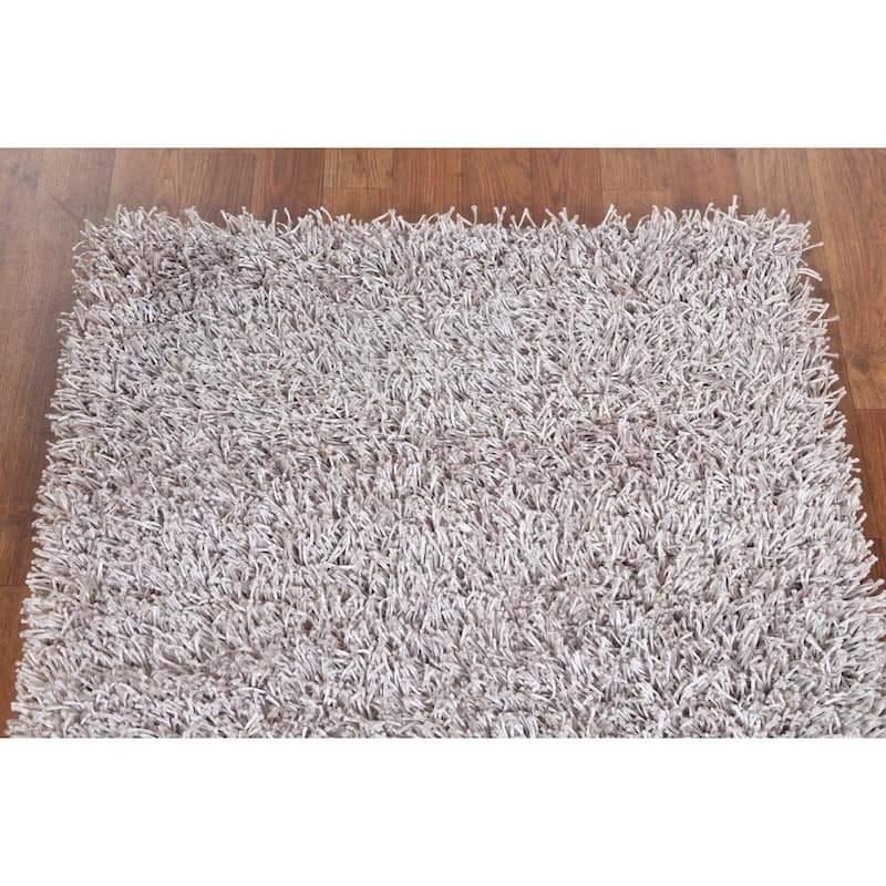 Hand Knotted Oriental Polyester Carpet Modern Contemporary Beige & Ivories Shaggy Area Rug - 4' 9'' X 2' 8''