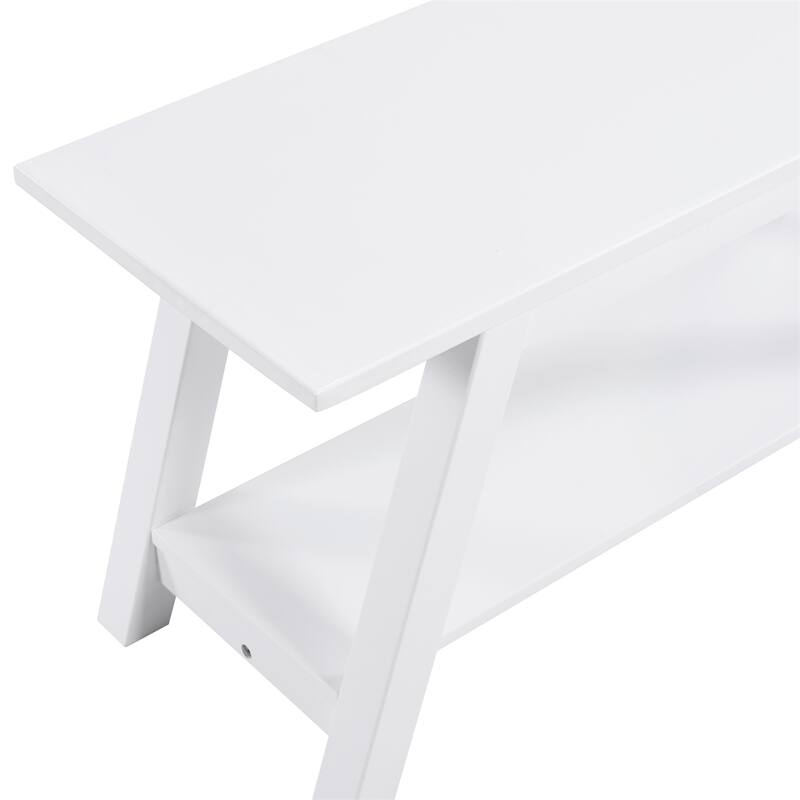 Solid Wood Bench with Shelf, 36.10-Inch Long, White