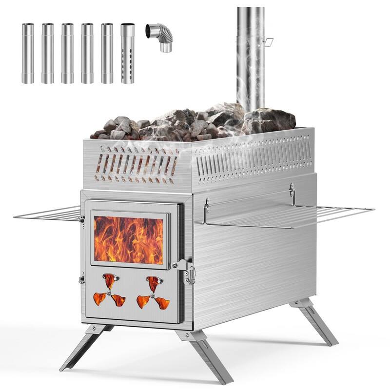 Wood Burning Sauna Hot Tent Stove, 2 in 1 Stove with Chimney Pipe
