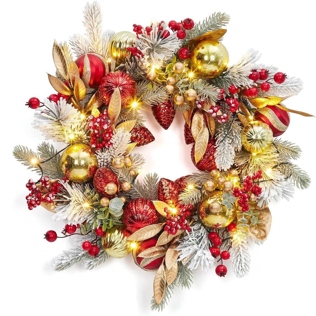 24 in Christmas Wreath with Lights, Snow Flocked Outdoor Christmas Wreaths for Front Door - N/A