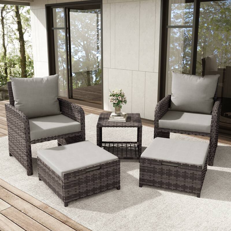 5-Piece PE Rattan Outdoor Patio Set with 2 Chairs, 2 Ottomans, Coffee Table