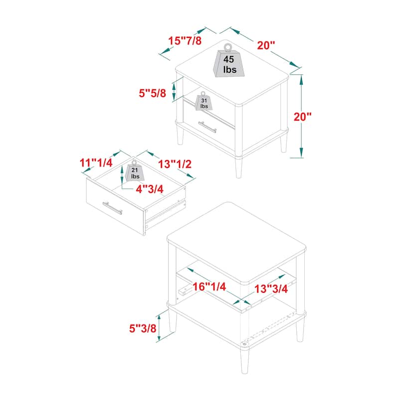 Classic Wooden Nightstand, Sofa Side Table with 1 Drawer, Decorative Table with Open Partition and Solid Wood Legs