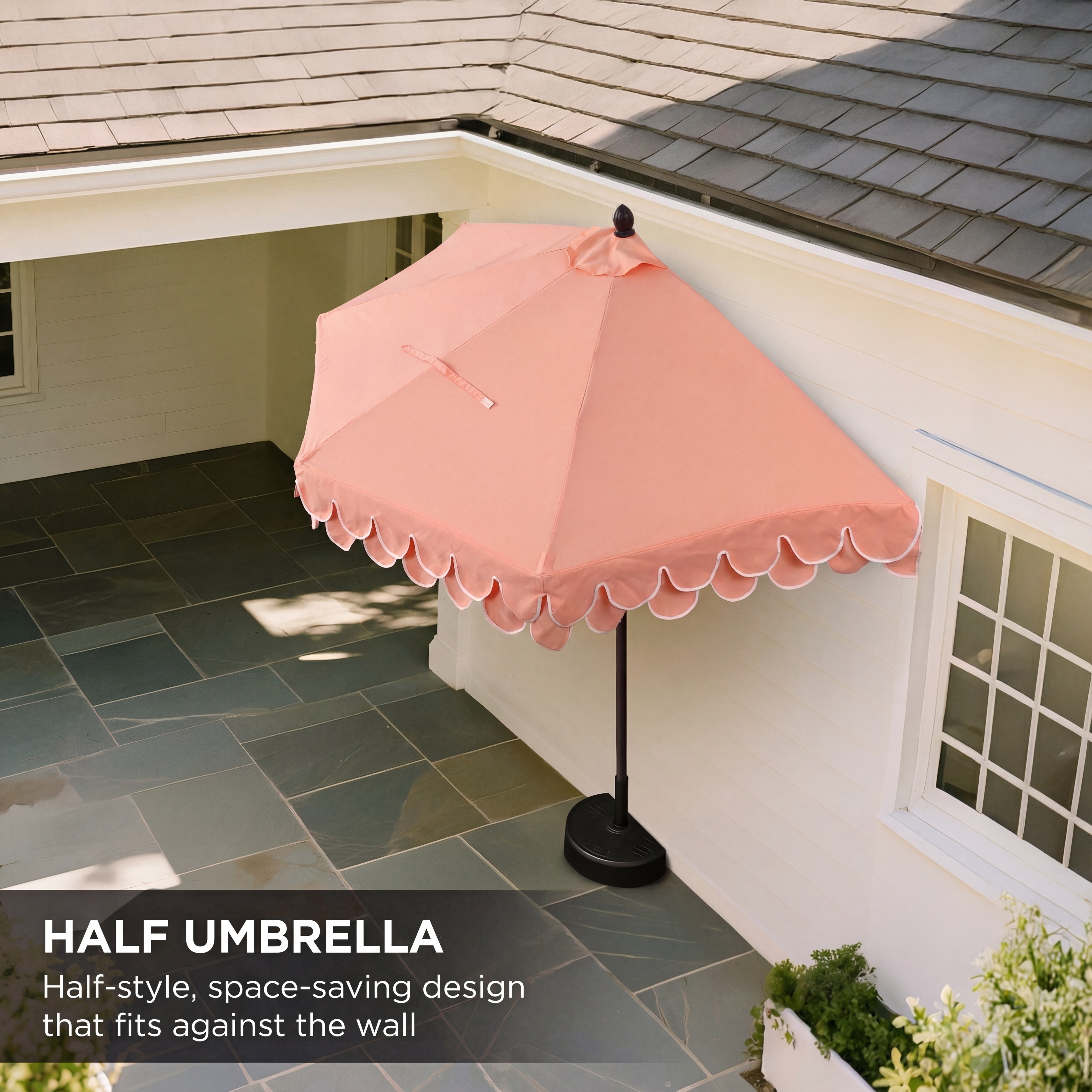half round patio umbrella with tilt-and-crank Helios&Hestia 9 ft Small Wall Outdoor Market Tilt and Crank for Garden, Deck, Balcony Create a cool and comfortable spot in the smallest of spaces with the Nature Spring 9 Half Patio Umbrella to provide quality sun protection flush against a wall or side of your home Nature Spring 9Ft Half Patio