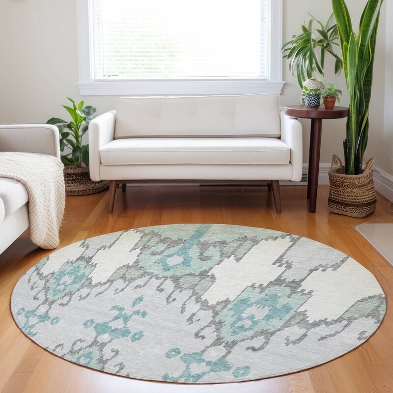 Premium Washable Super Soft Boho Ikat Mayfield Rug - Mint - 8' x 8' - Round