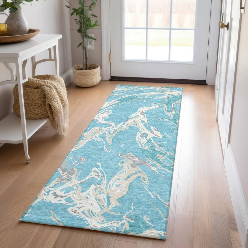 Machine Washable Indoor/ Outdoor Modern Wave Chantille Rug - Teal - 2'3" x 7'6"
