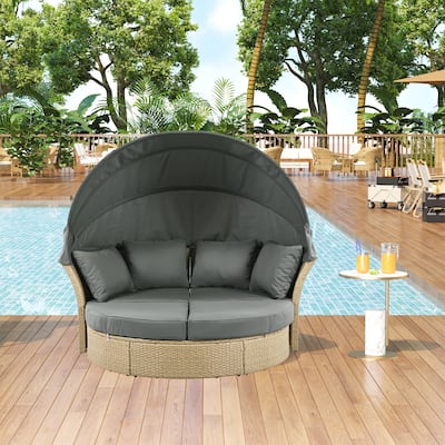 Outdoor Patio Wicker Rattan Double Daybed Round Sofa Furniture Set with Retractable Canopy,4 Pillows