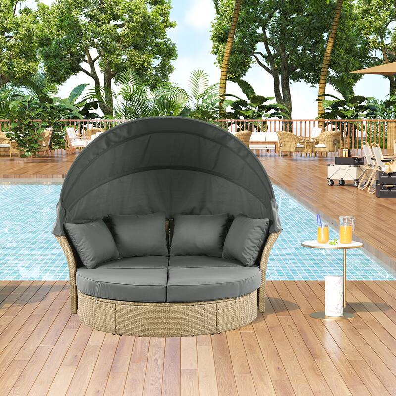 Wicker Rattan Outdoor Patio Double Daybed with Retractable Canopy and 4 Pillows, Convertible Loveseat/Sofa Set - Grey