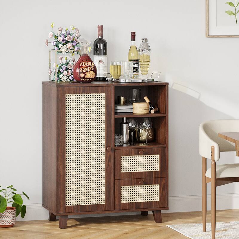 Rattan Buffet Cabinet with Adjustable Shelf, Sideboard with Drawers for Living Room, Kitchen, Entryway
