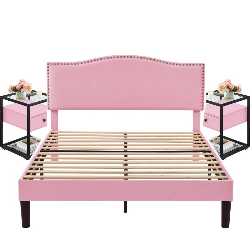 VECELO, Five Colors, 3-Pieces Upholstered Platform Bed Frame with Adjustable Headboard and Nightstands Set of 2