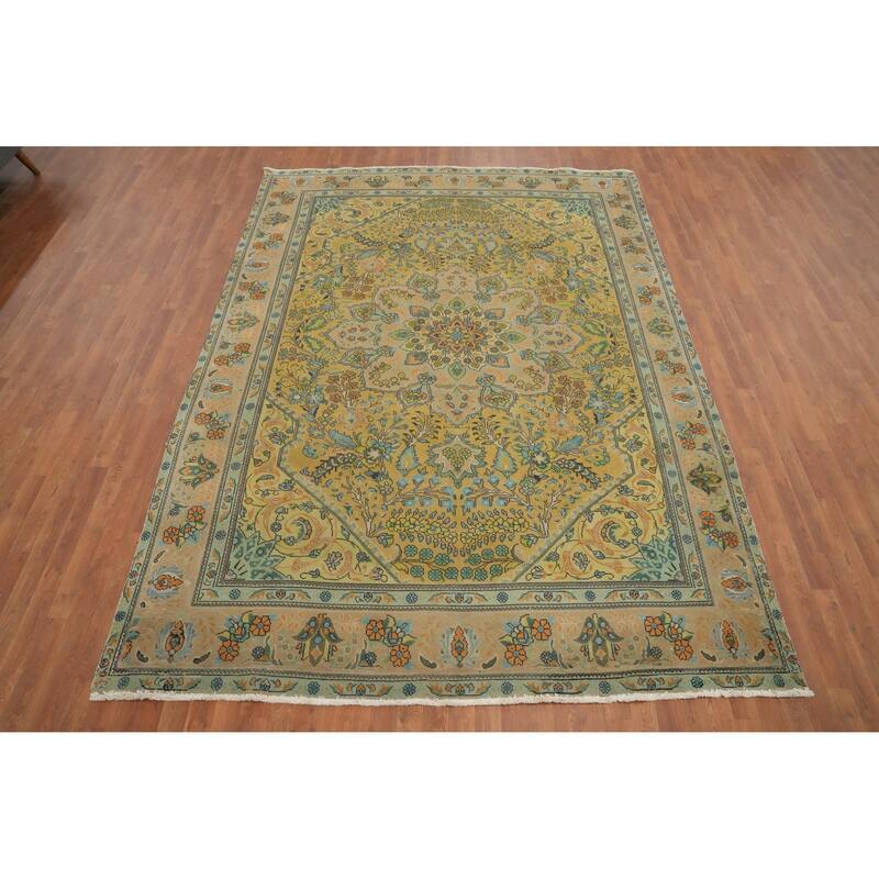 Hand Knotted Oriental 100% Wool Carpet Traditional Floral Yellow & Gold Tabriz Area Rug - 11' 0'' X 7' 11''