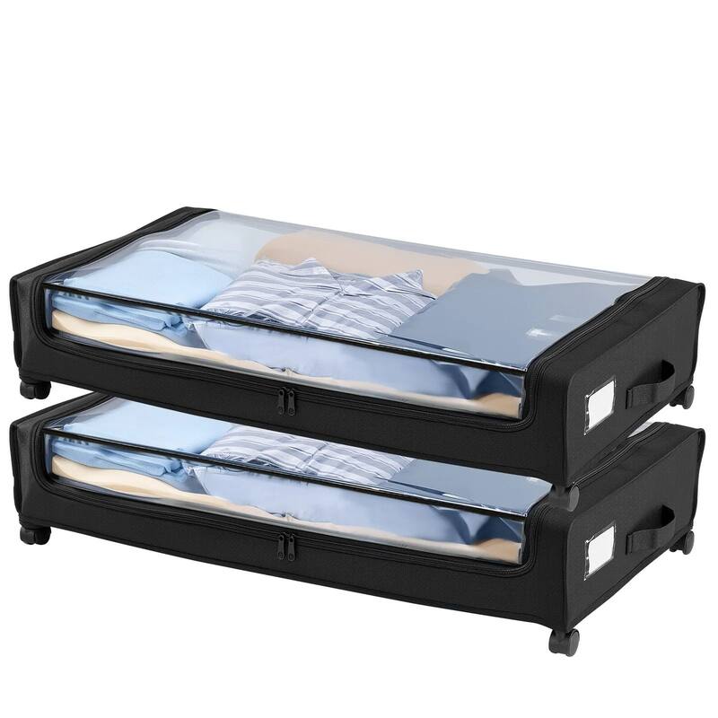 2 Pack Under Bed Storage Fabric Rolling Container with Casters and Clear Top Side Label Slots - 30.3 x 18.5 x 6.8 inch