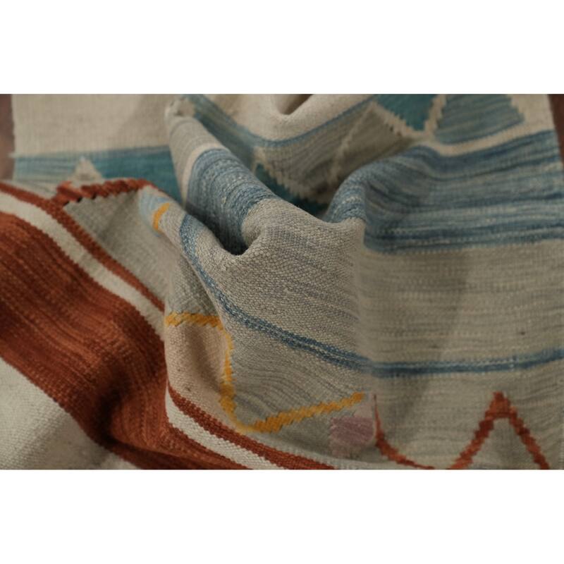 Hand Woven Oriental 100% Wool Carpet Southwestern Modern Beige & Ivories Kilim Runner Rug - 11' 9'' X 2' 6''
