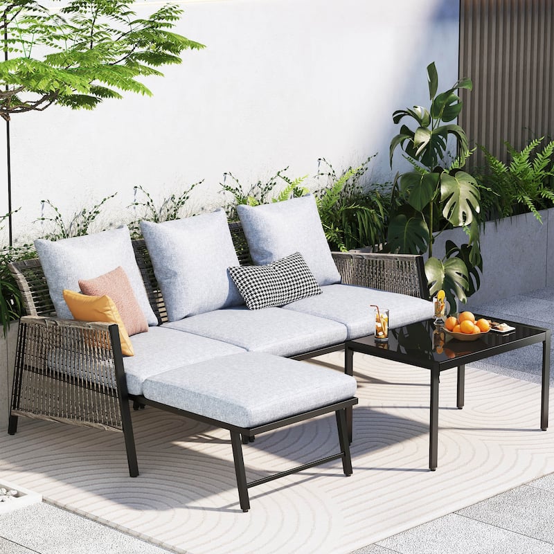 Patio Furniture Set - Outdoor Sectional Sofa All Weather Wicker Rattan Conversation Set with Soft Cushions