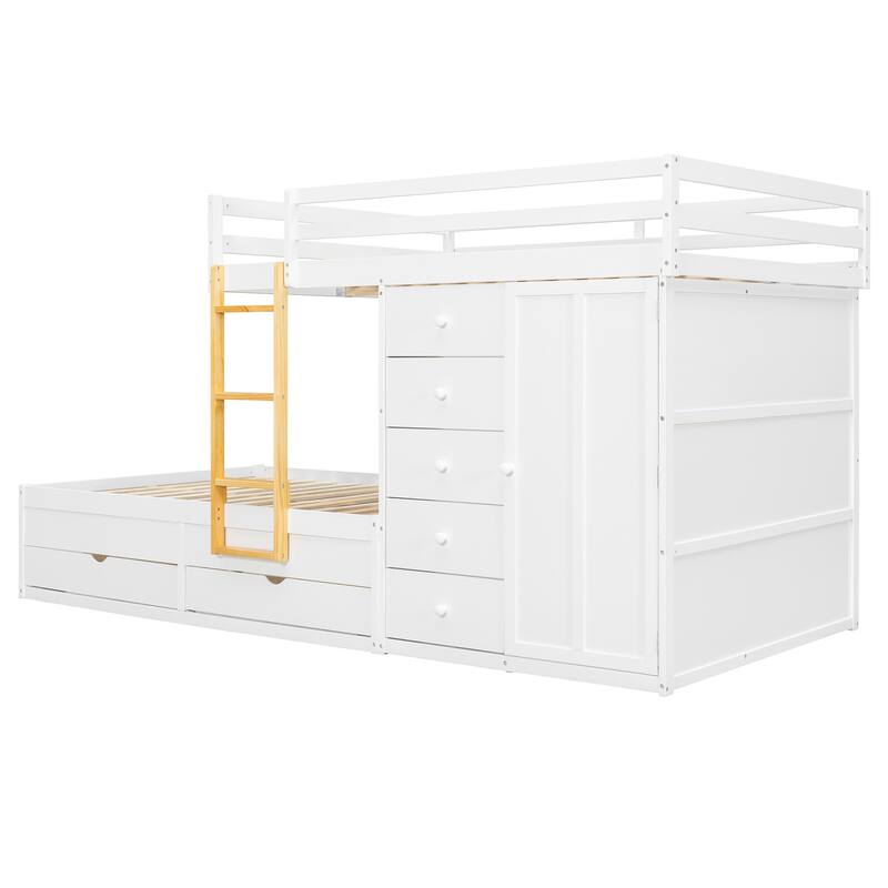 Kids Bed Frame Full Over Full Bunk Bed with Drawers and Wardrobe