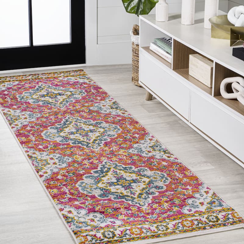 JONATHAN Y Inigo FLAIR Boho Vintage Medallion Area Rug - 2 X 8 - Fuchsia/White