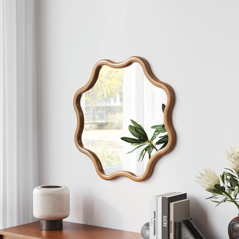 Polygonal wooden frame decorative mirror, art-style wall-mounted dressing mirror - Natural
