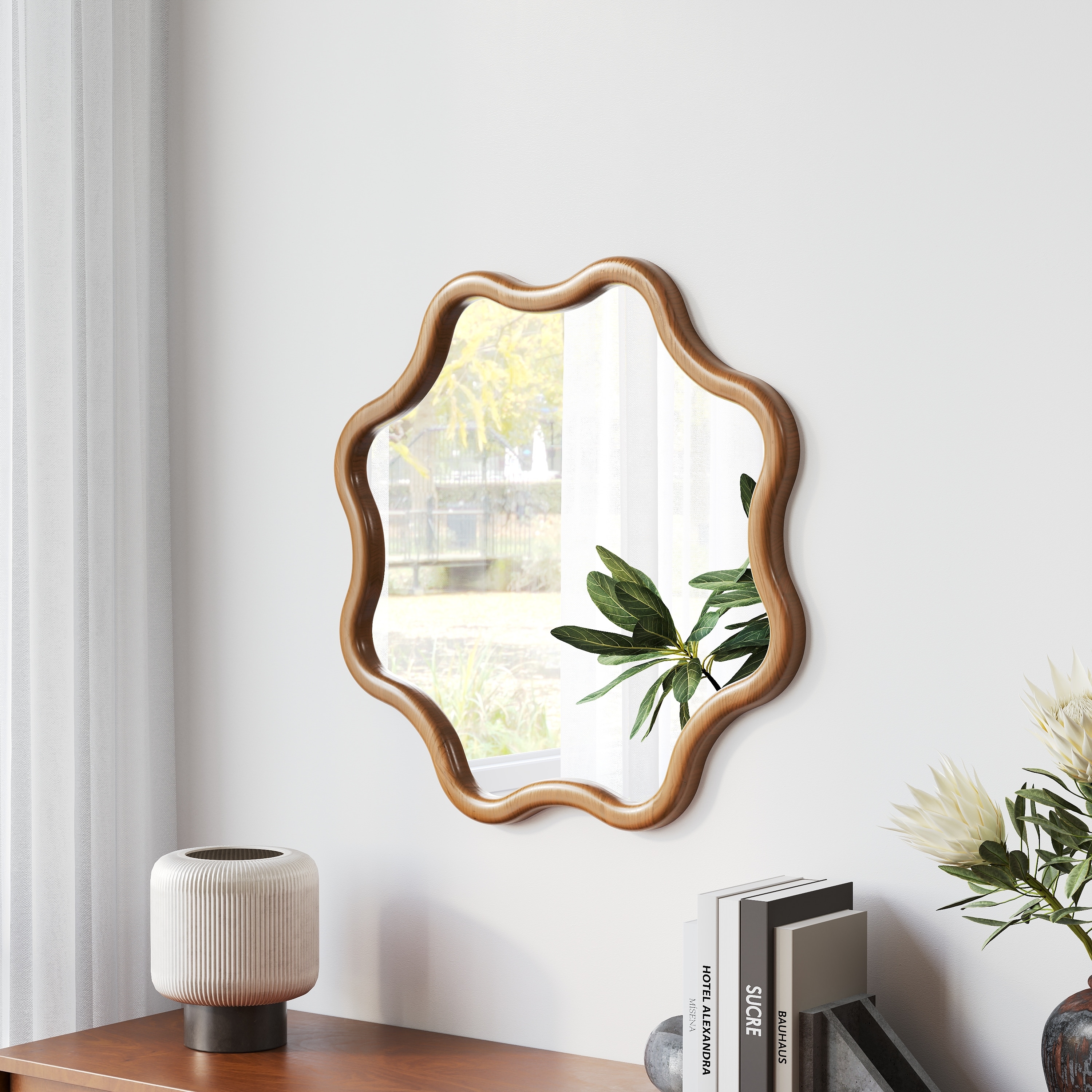 Polygonal wooden frame decorative mirror, art-style wall-mounted dressing mirror