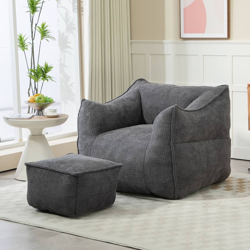 Boucle Upholstered Deep Seat Armless Square Bean Bag Chair with Ottoman - Dark Grey