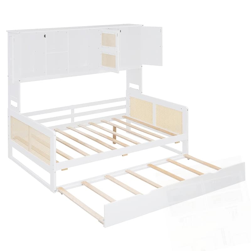 Wooden Daybed With Twin Size Trundle and All-in-One Cabinet and Shelf