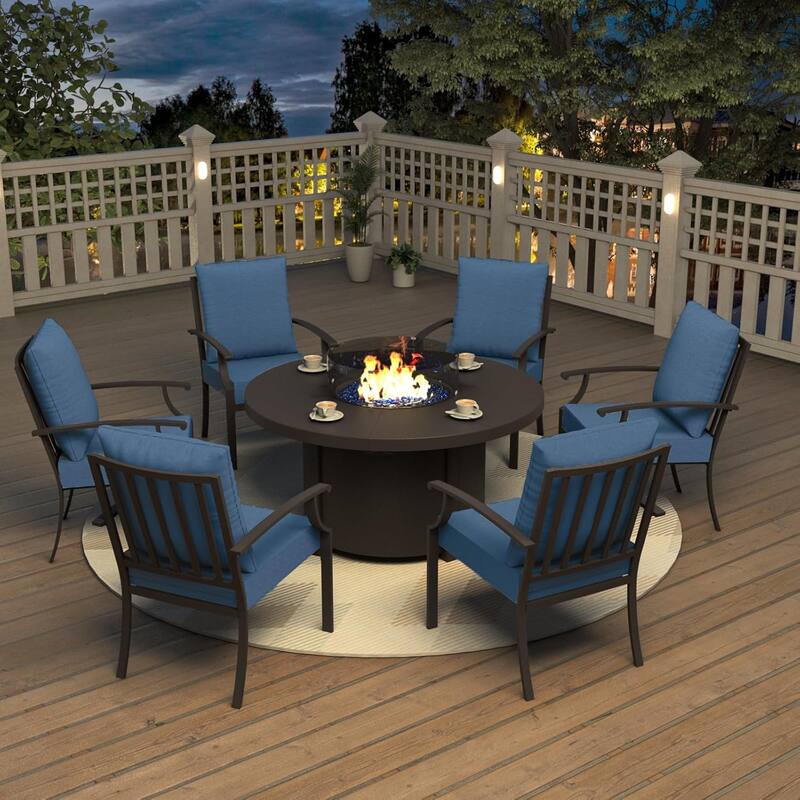 Metal 7 Piece Outdoor Dining Set with Round Fire Pit - 6Chairs + RoundFirepit